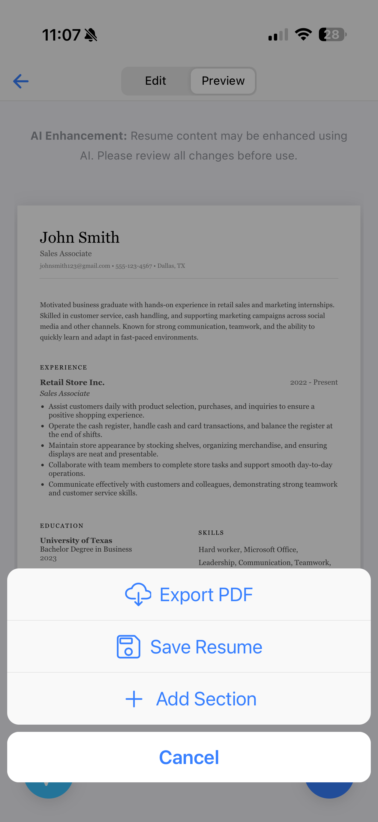 Export and share screen
