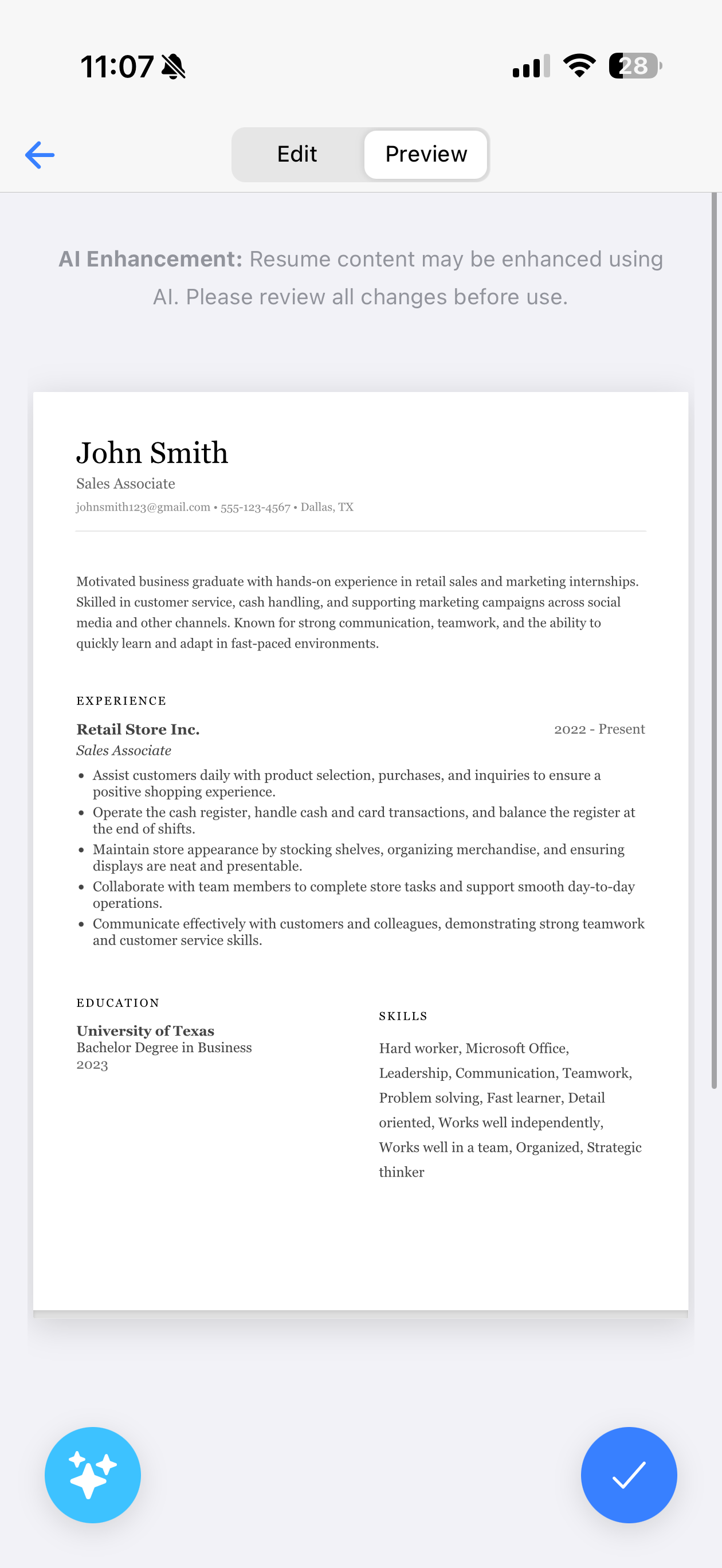 Resume live preview screen