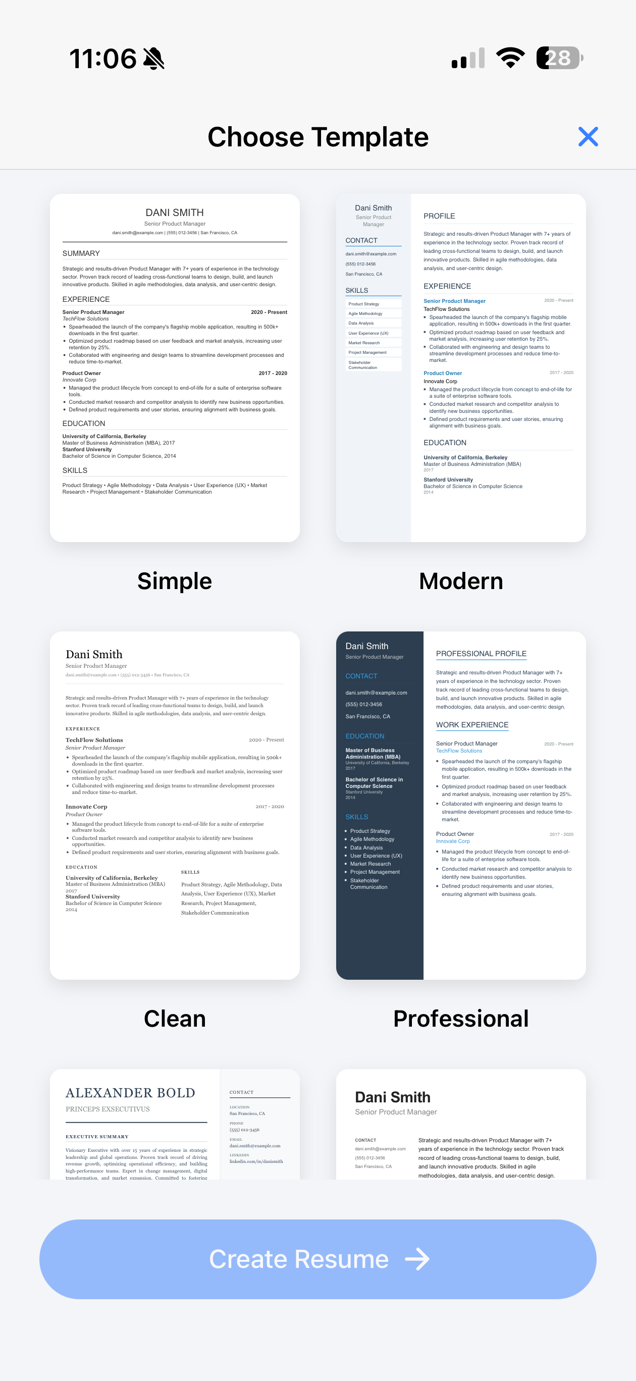 Template selection screen